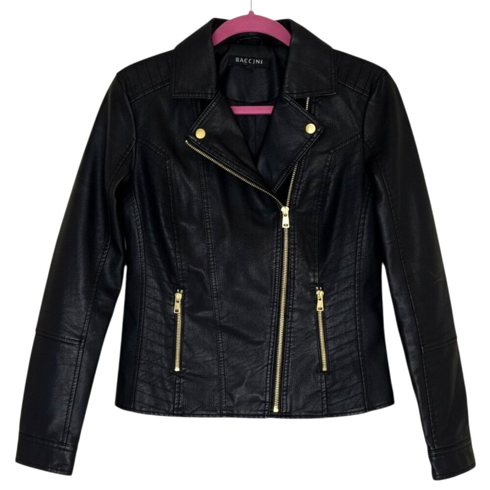 Baccini Faux Leather Jacket Motorcycle Womens Zip Front Black Gold S bv